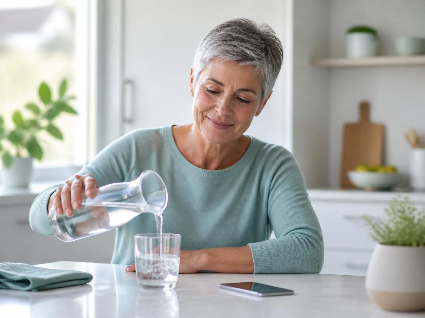 Person füllt am Küchentisch ein Glas Wasser auf, daneben liegt ein Smartphone
